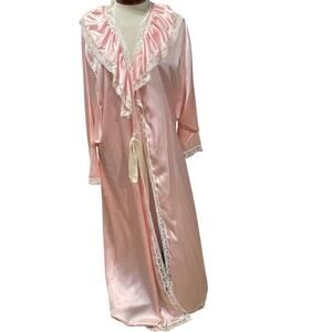 Vintage Lily of France Pink Nylon Lace Robe Ribbon Tie Size Large Pockets
